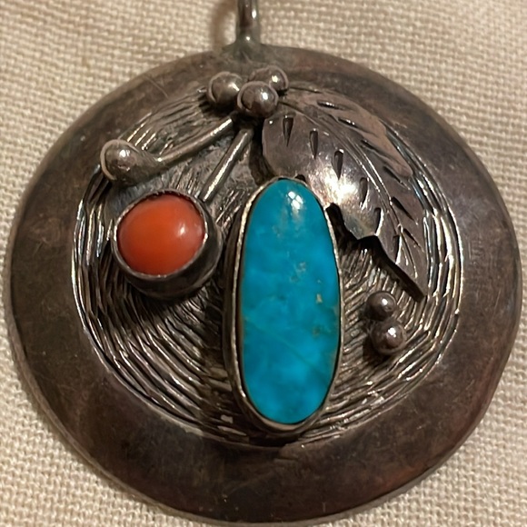 Vintage Navajo Roy Vandever Turquoise Coral Sterling Silver Pendant - Picture 8 of 8